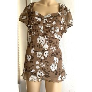 Hillard & Hanson Womens Shirt XL Fairycore Y2K Sheer w/ Lining Babydoll Ruching